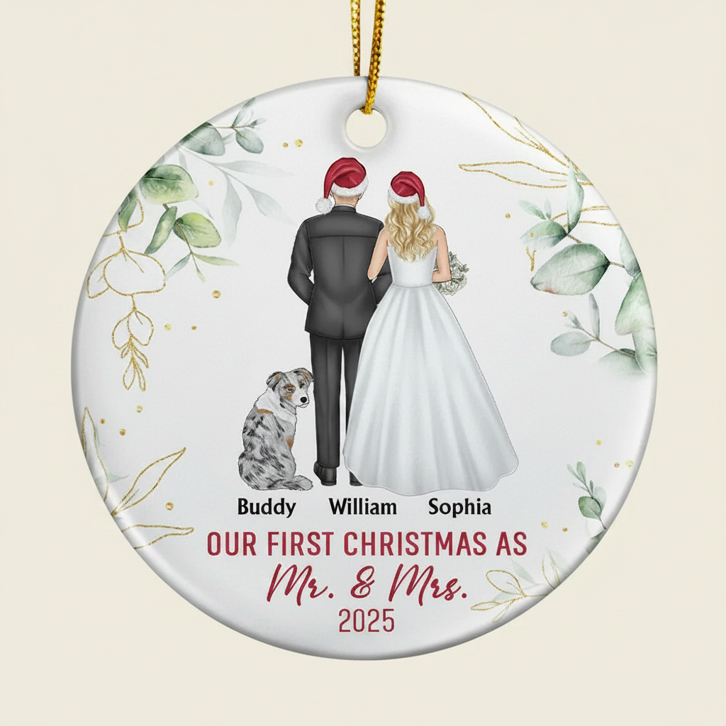 Our First Christmas As Mr & Mrs Wedding Couple Pet - Personalized Circle Ceramic Ornament IDPP8
