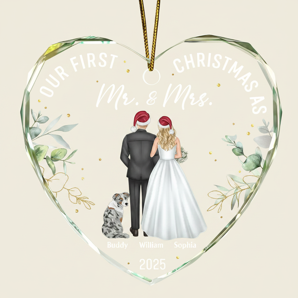 Our First Christmas As Mr & Mrs Wedding Couple Pet - Personalized Heart Shaped Glass Ornament 3USAM