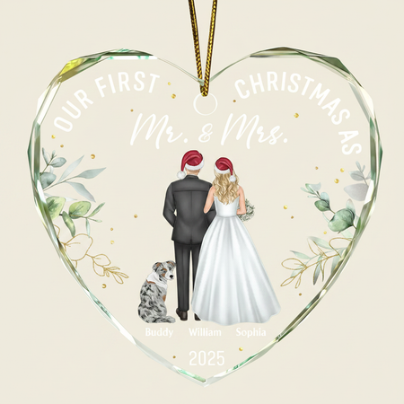 Our First Christmas As Mr & Mrs Wedding Couple Pet - Personalized Heart Shaped Glass Ornament 3USAM