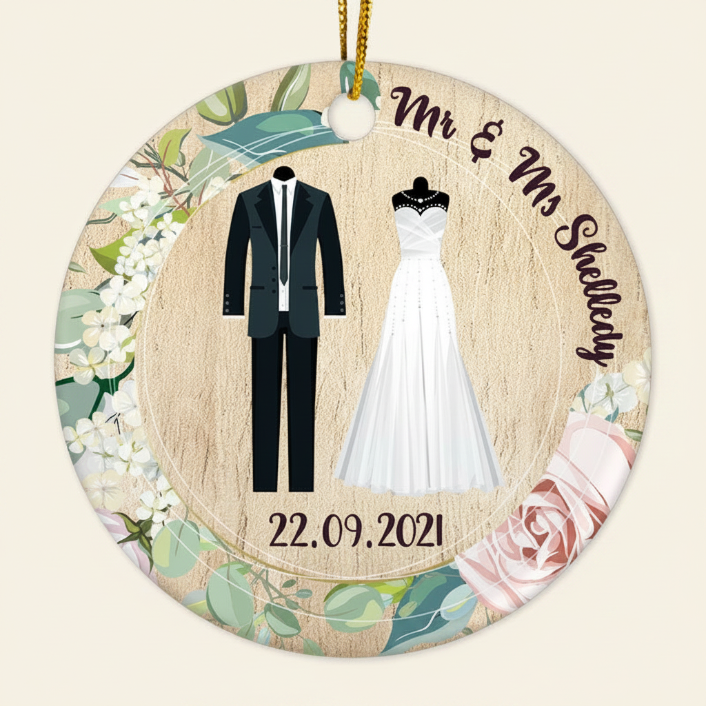 Family Couple Married Wedding Dress - Wedding Gift - Personalized Custom Circle Ceramic Ornament 06FVB
