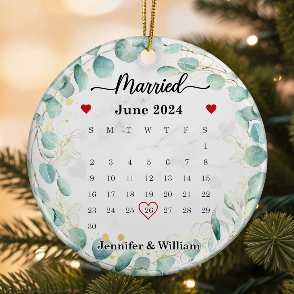 Wedding Calendar Married Engaged Couple - Personalized Circle Ceramic Ornament C4F9I
