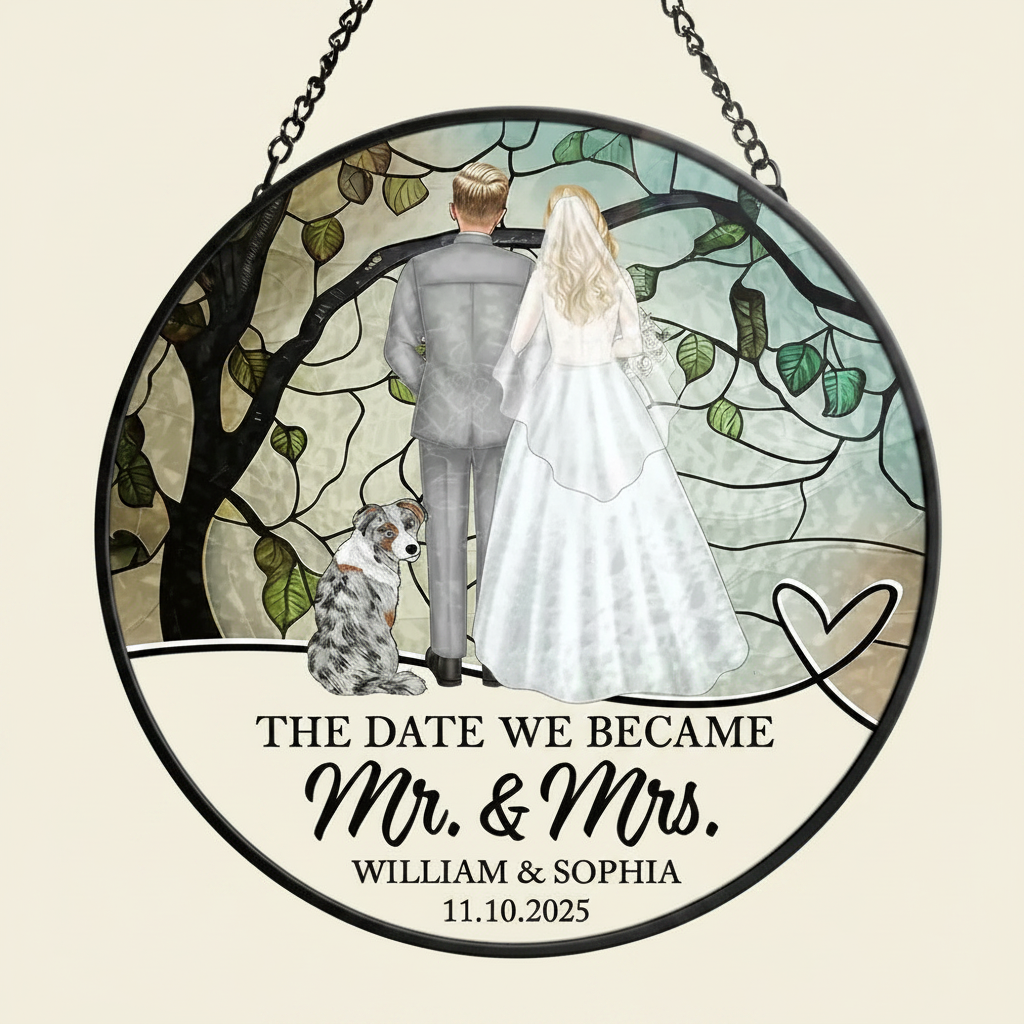 The Date We Became Mr & Mrs Wedding Couple - Personalized Stained Glass Window Hanging Suncatcher QRVPK