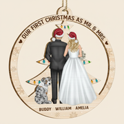 Our First Christmas As Mr & Mrs Wedding Couple And Pet - Personalized Custom Shaped Wooden Ornament APSBB