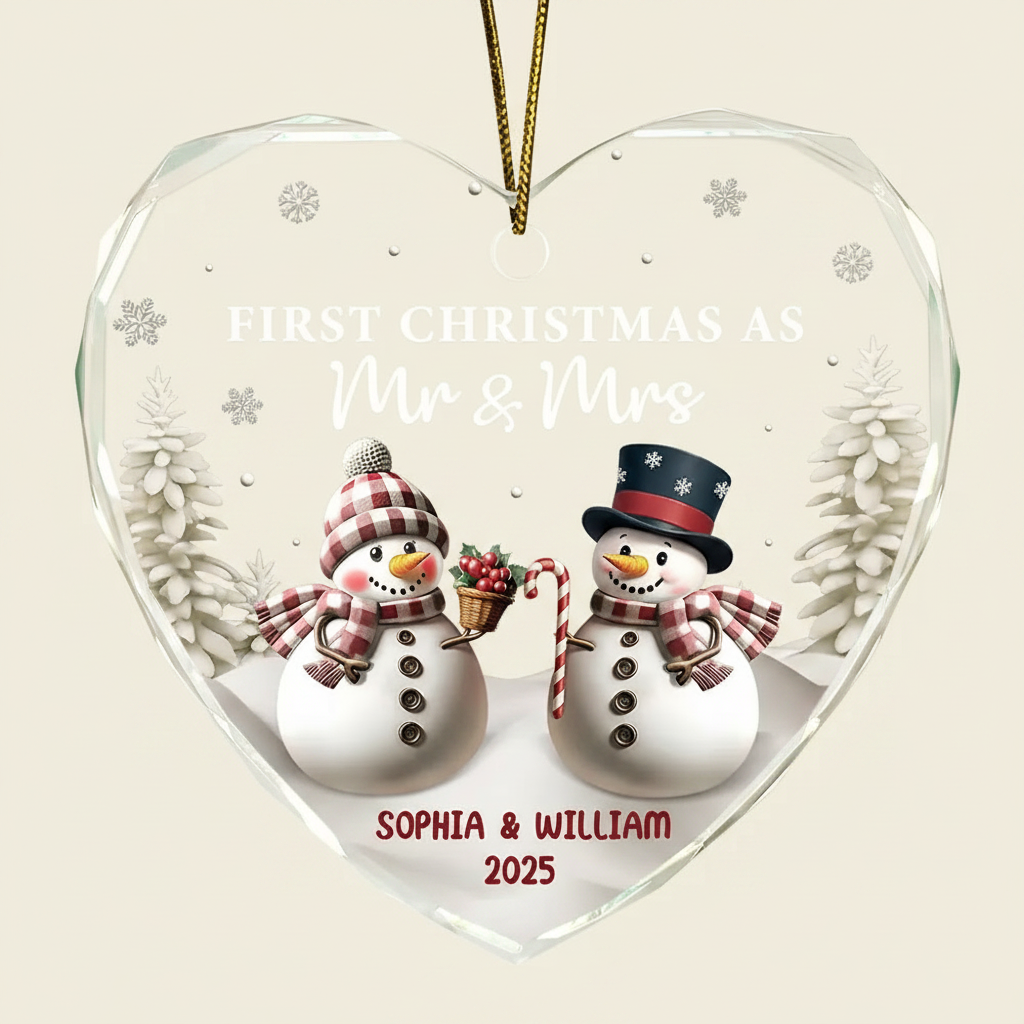 First Christmas As Mr & Mrs Snowman - Personalized Heart Shaped Glass Ornament YI3VI