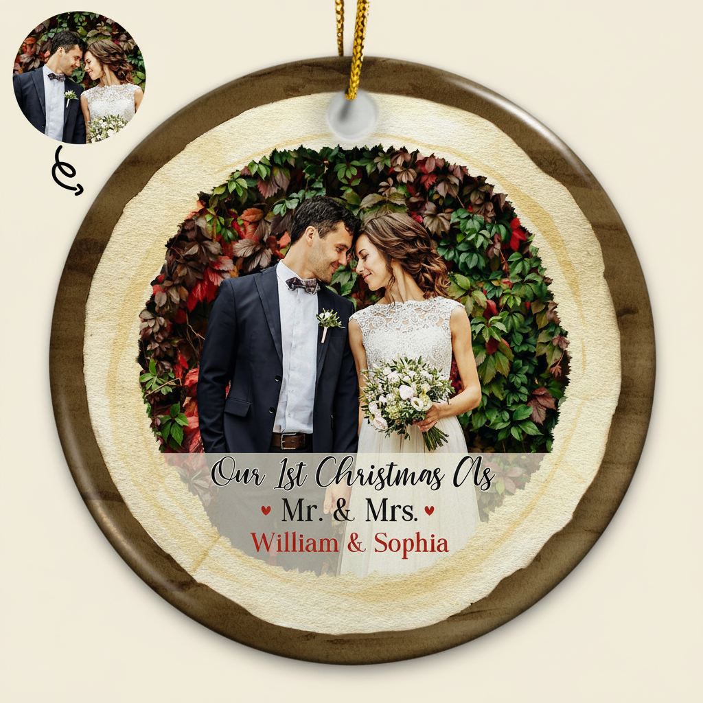 Custom Photo Our First Christmas As Mr & Mrs - Christmas Gift For Wedding Married Couples - Personalized Custom Circle Ceramic Ornament 6DVO5