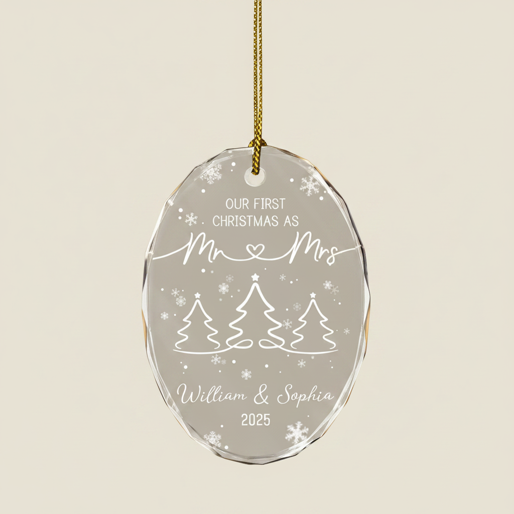First Christmas As Mr & Mrs Pine Tree - Personalized Oval Glass Ornament 018MZ
