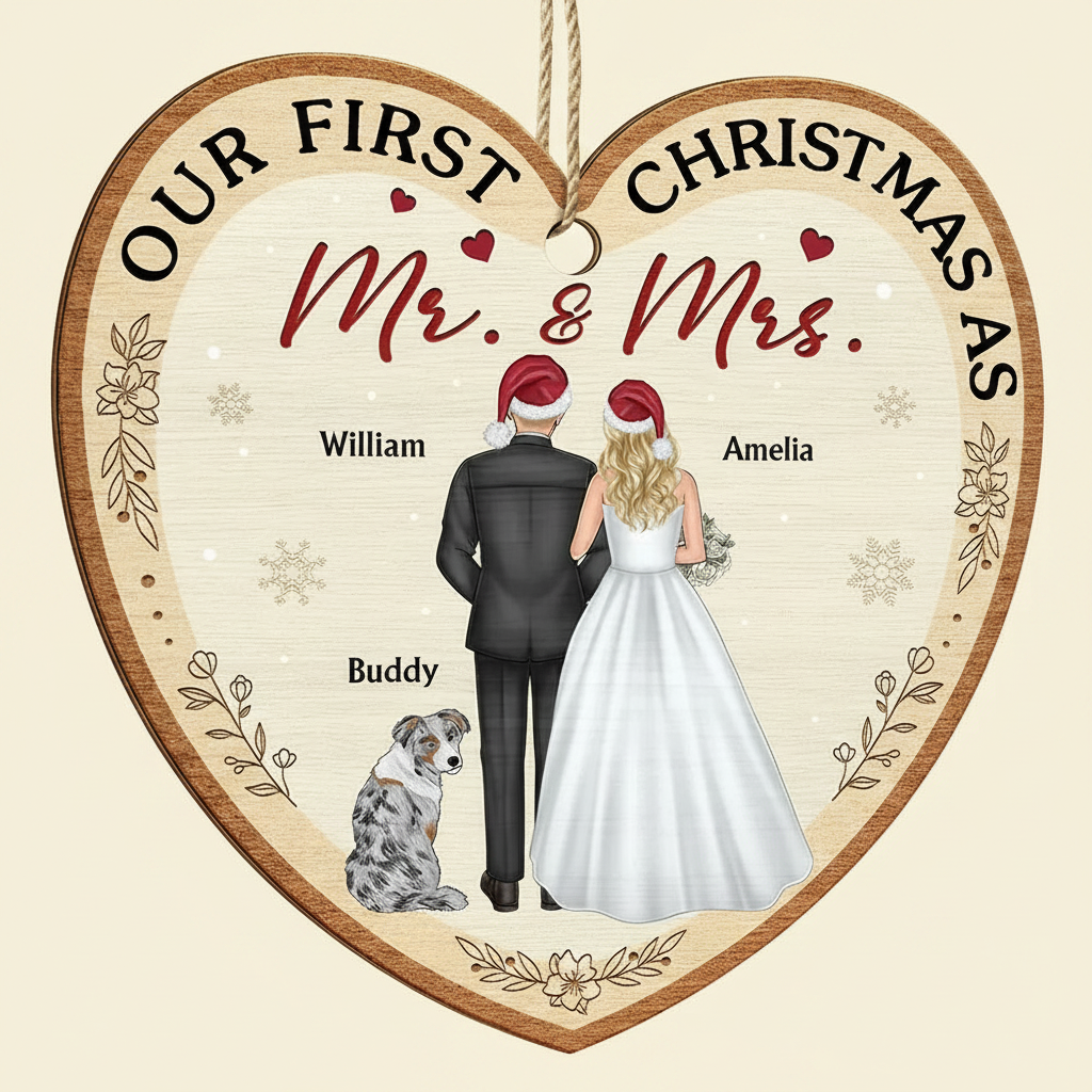 Our First Christmas As Mr & Mrs Wedding Couple Pet - Personalized Custom Shaped Wooden Ornament BCWEG