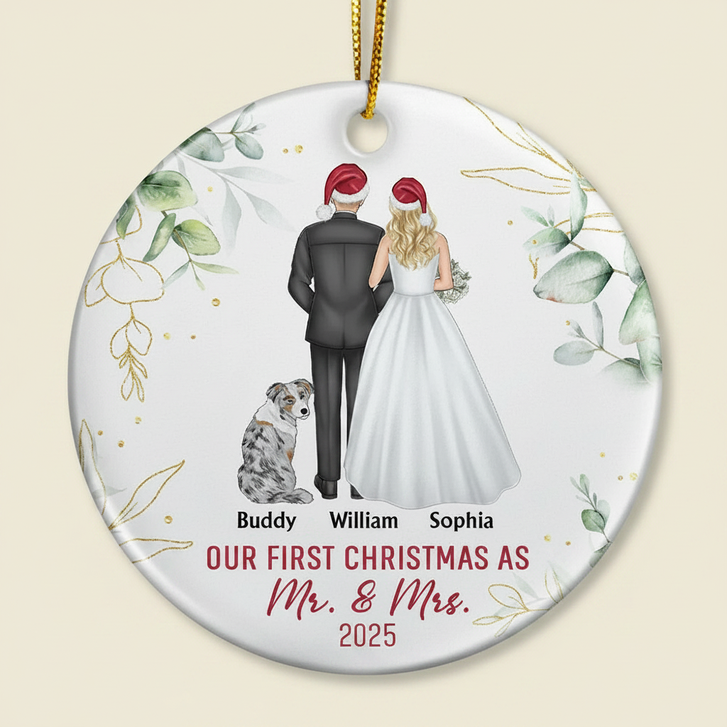 Our First Christmas As Mr & Mrs Wedding Couple Pet - Personalized Circle Ceramic Ornament IDPP8