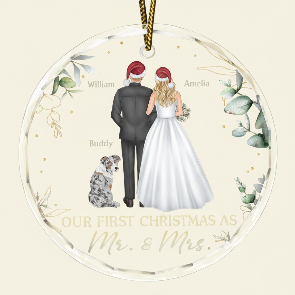 Our First Christmas As Mr & Mrs Wedding Couple Pet - Personalized Circle Glass Ornament N5W8J