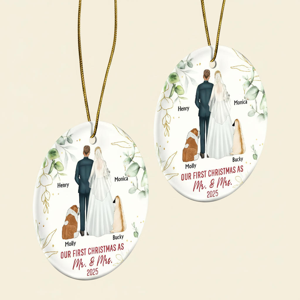 Our First Christmas As Mr & Mrs Wedding Couple Pet - Personalized Circle Ceramic Ornament IDPP8