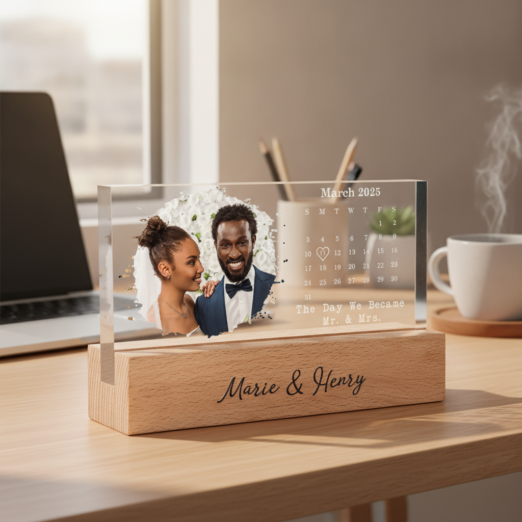 Custom Photo Calendar The Day We Became Mr & Mrs Couple Married Engaged Wedding Gift - Personalized Rectangle LED Light XDL29