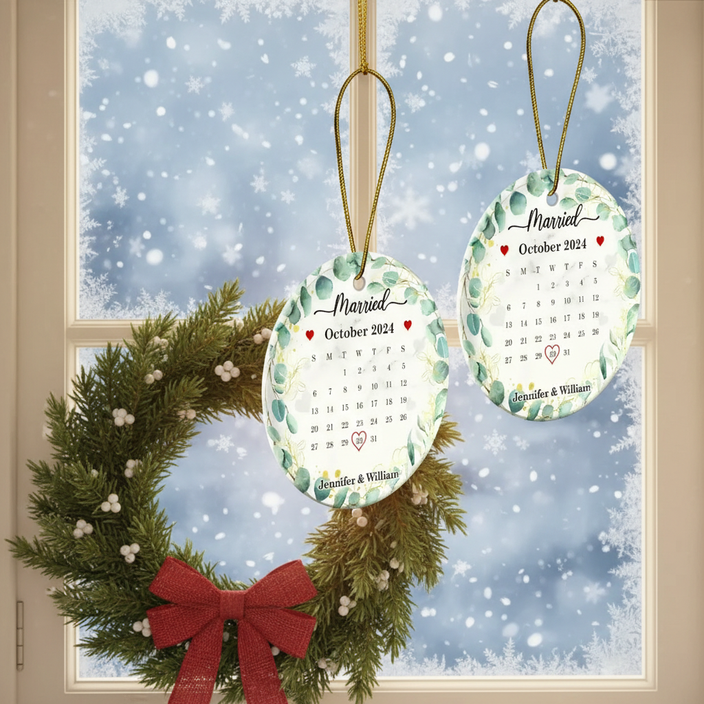 Wedding Calendar Married Engaged Couple - Personalized Circle Ceramic Ornament C4F9I