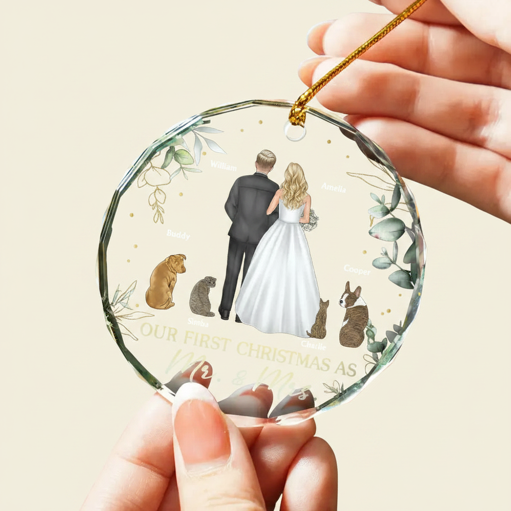 Our First Christmas As Mr & Mrs Wedding Couple Pet - Personalized Circle Glass Ornament N5W8J