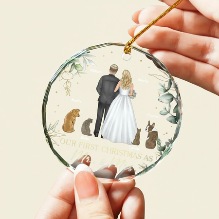Our First Christmas As Mr & Mrs Wedding Couple Pet - Personalized Circle Glass Ornament N5W8J