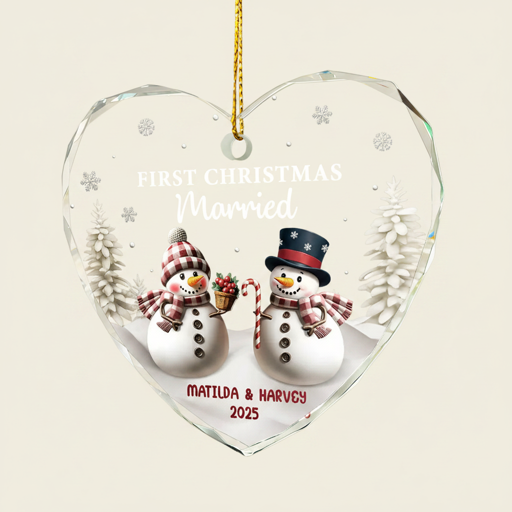 First Christmas As Mr & Mrs Snowman - Personalized Heart Shaped Glass Ornament YI3VI