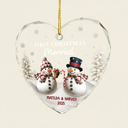 First Christmas As Mr & Mrs Snowman - Personalized Heart Shaped Glass Ornament YI3VI