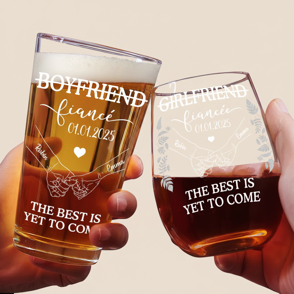 Girlfriend Fiancee Boyfriend Fiance Engagement Couple Gift - Personalized Combo Wine & Beer Glass COMOA