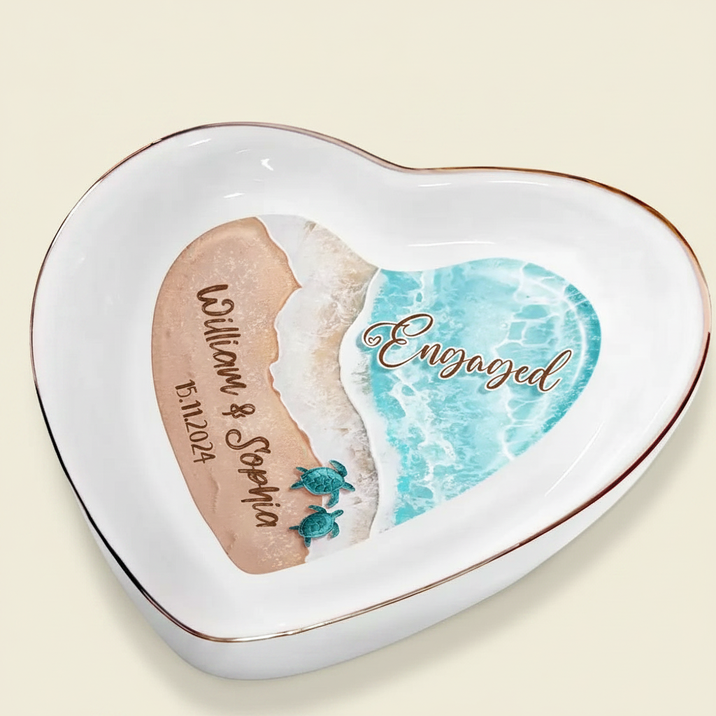 Married Engaged Couple & The Sea Wedding - Personalized Heart Ring Dish 821KY