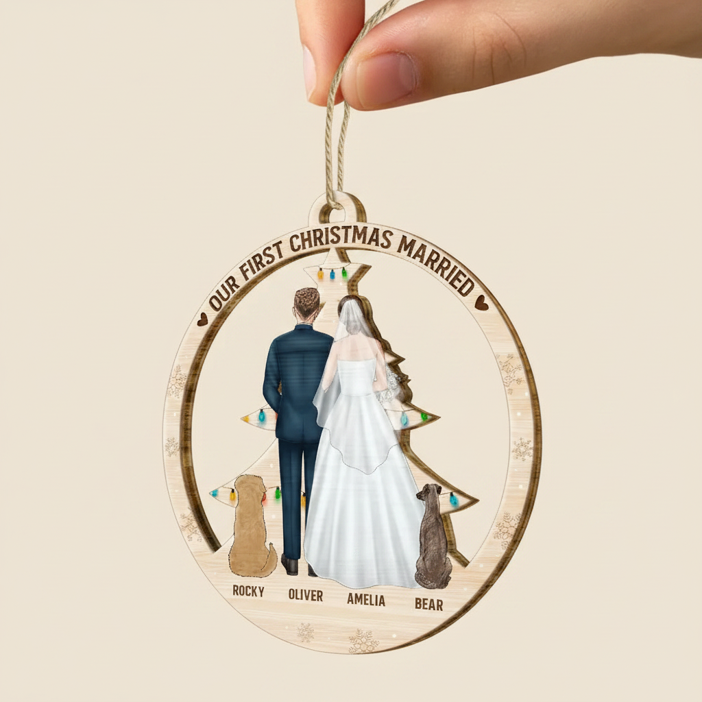 Our First Christmas As Mr & Mrs Wedding Couple And Pet - Personalized Custom Shaped Wooden Ornament APSBB