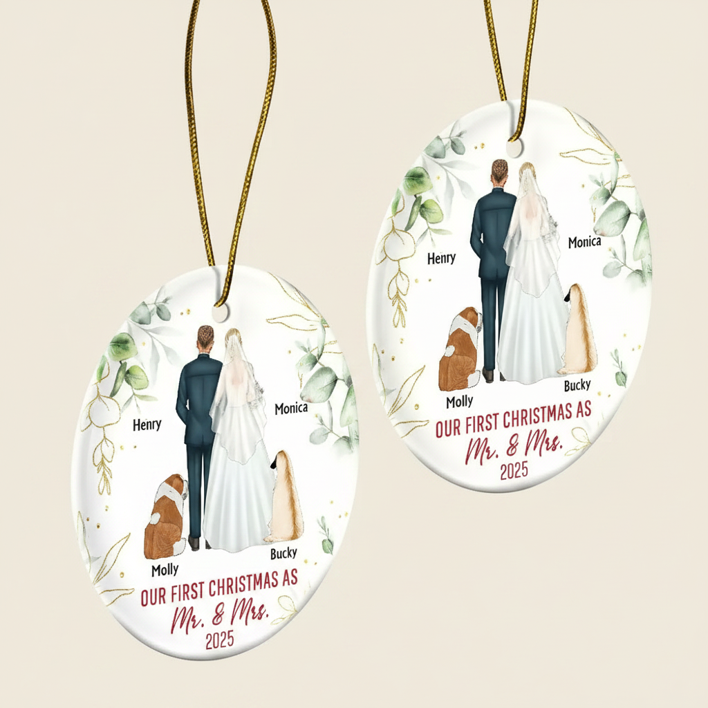 Our First Christmas As Mr & Mrs Wedding Couple Pet - Personalized Circle Ceramic Ornament IDPP8