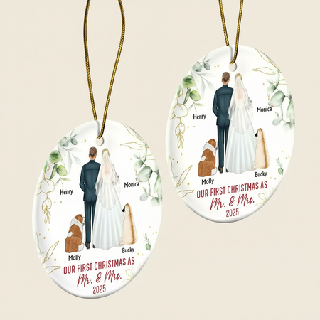 Our First Christmas As Mr & Mrs Wedding Couple Pet - Personalized Circle Ceramic Ornament IDPP8