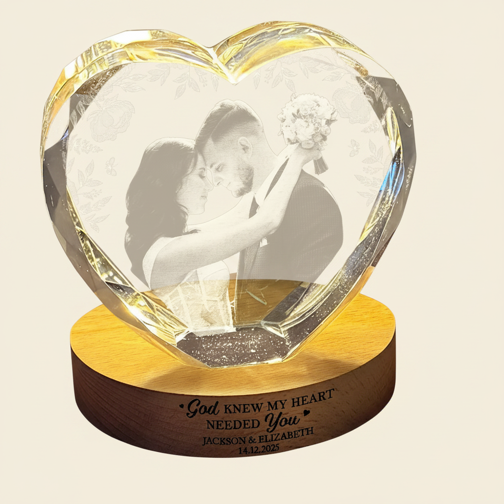 Custom Photo The Date We Became Mr & Mrs Wedding Couple - Personalized Crystal Heart Shaped Lamp WUI7O
