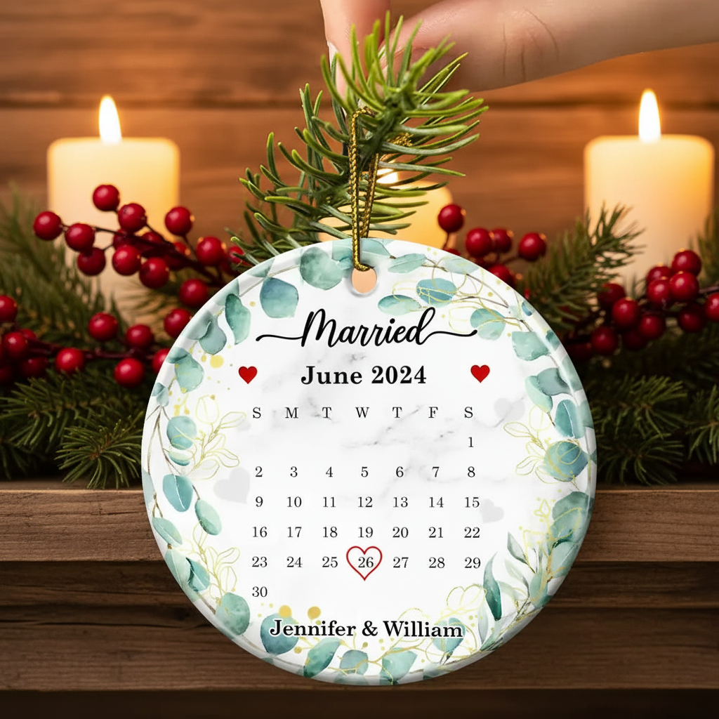 Wedding Calendar Married Engaged Couple - Personalized Circle Ceramic Ornament C4F9I