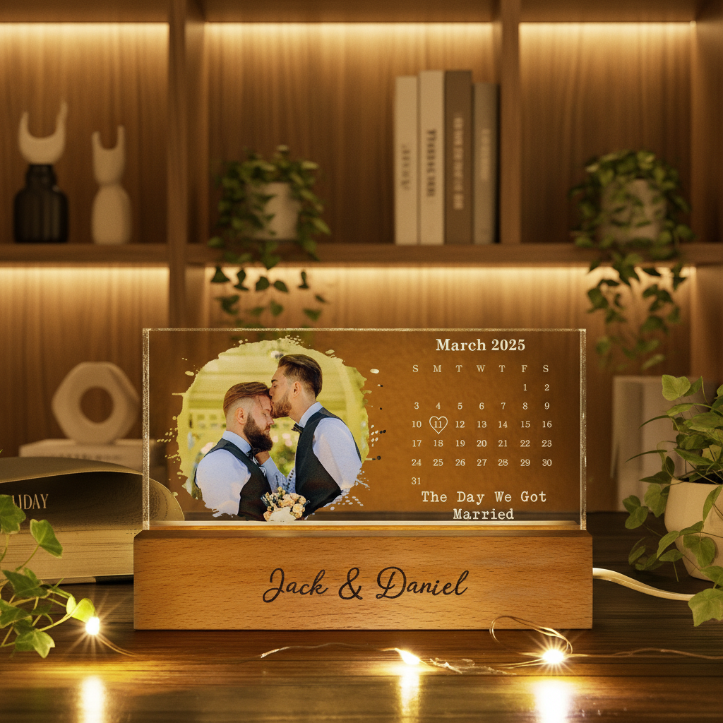 Custom Photo Calendar The Day We Became Mr & Mrs Couple Married Engaged Wedding Gift - Personalized Rectangle LED Light XDL29