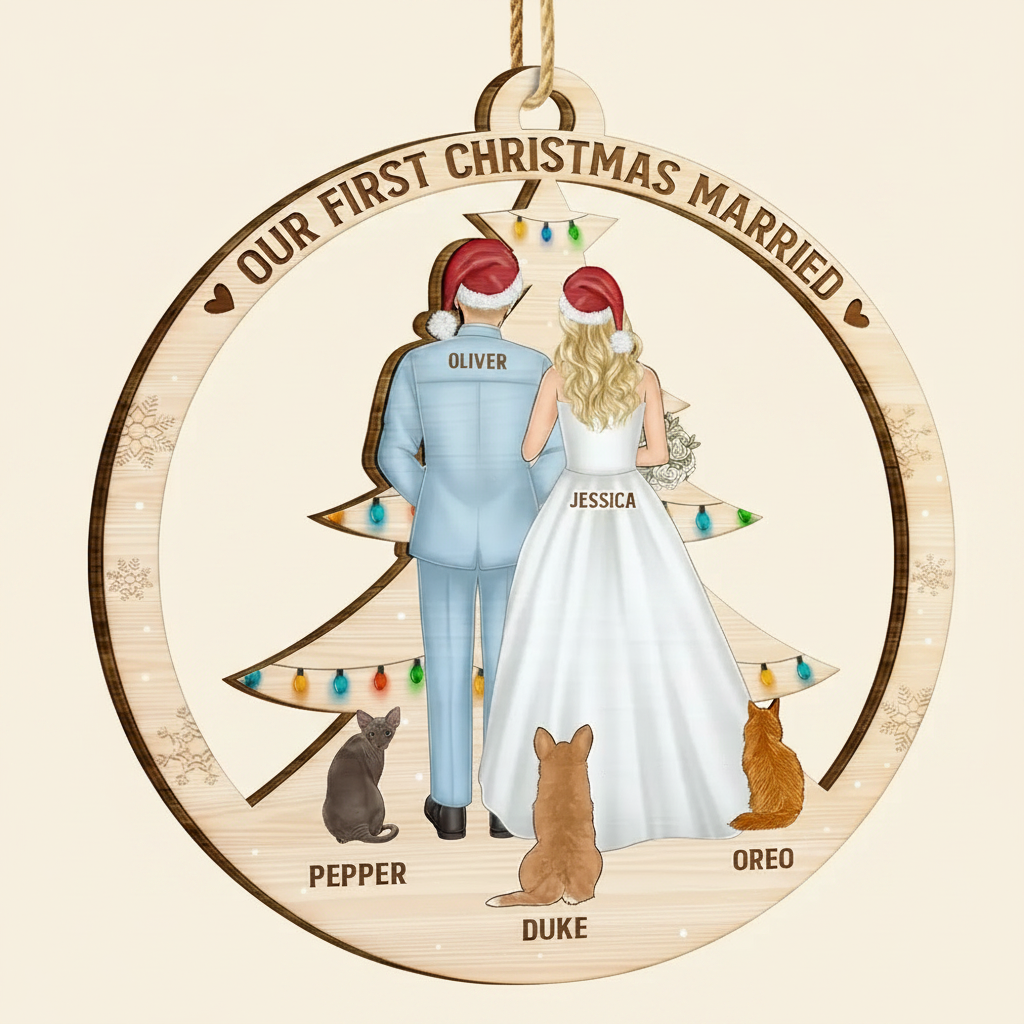 Our First Christmas As Mr & Mrs Wedding Couple And Pet - Personalized Custom Shaped Wooden Ornament APSBB