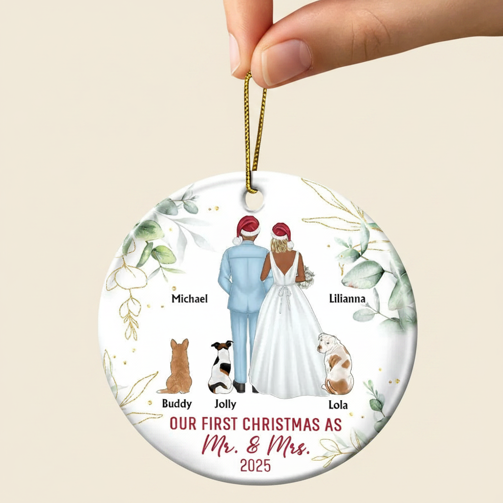 Our First Christmas As Mr & Mrs Wedding Couple Pet - Personalized Circle Ceramic Ornament IDPP8