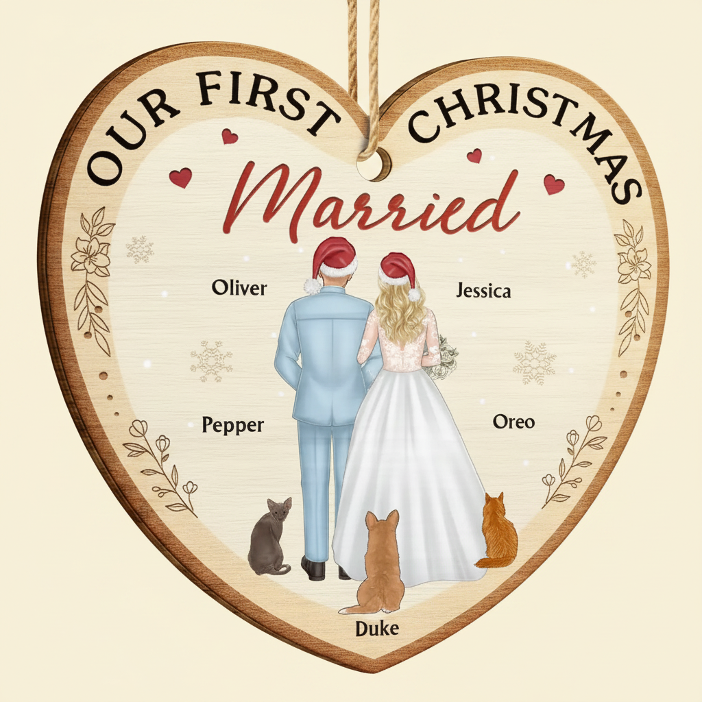 Our First Christmas As Mr & Mrs Wedding Couple Pet - Personalized Custom Shaped Wooden Ornament BCWEG
