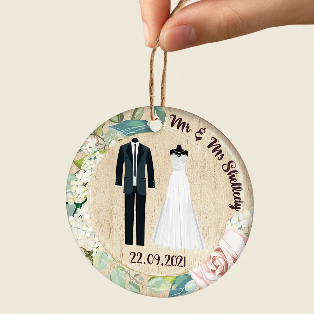Family Couple Married Wedding Dress - Wedding Gift - Personalized Custom Circle Ceramic Ornament 06FVB