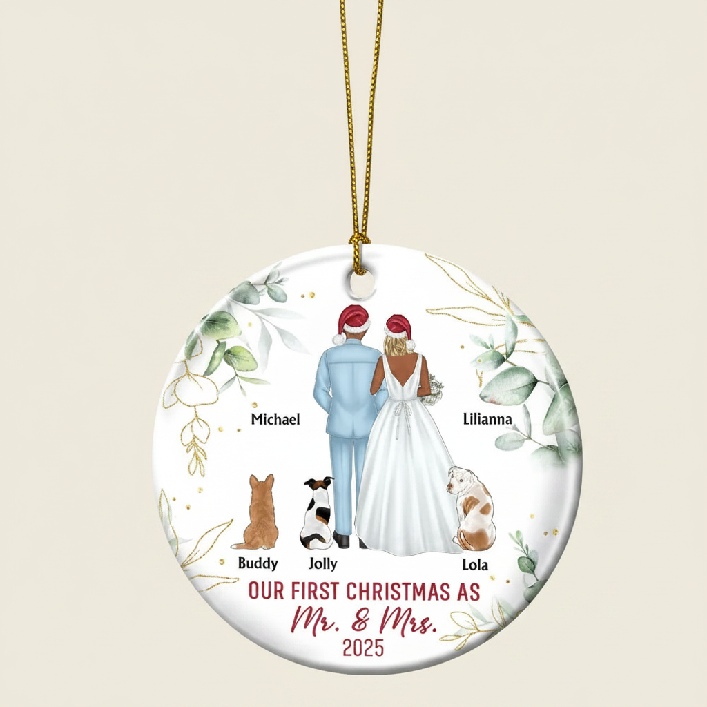Our First Christmas As Mr & Mrs Wedding Couple Pet - Personalized Circle Ceramic Ornament IDPP8