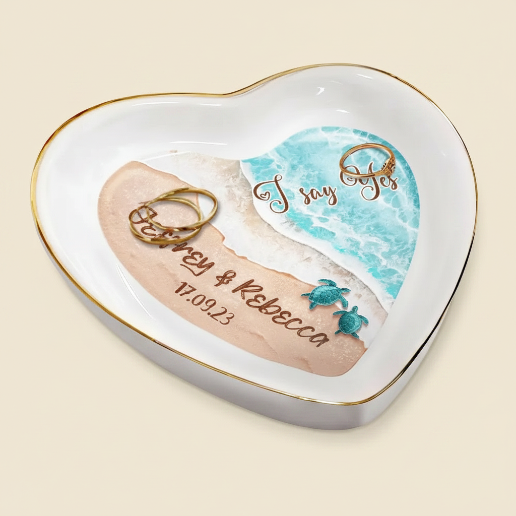Married Engaged Couple & The Sea Wedding - Personalized Heart Ring Dish 821KY