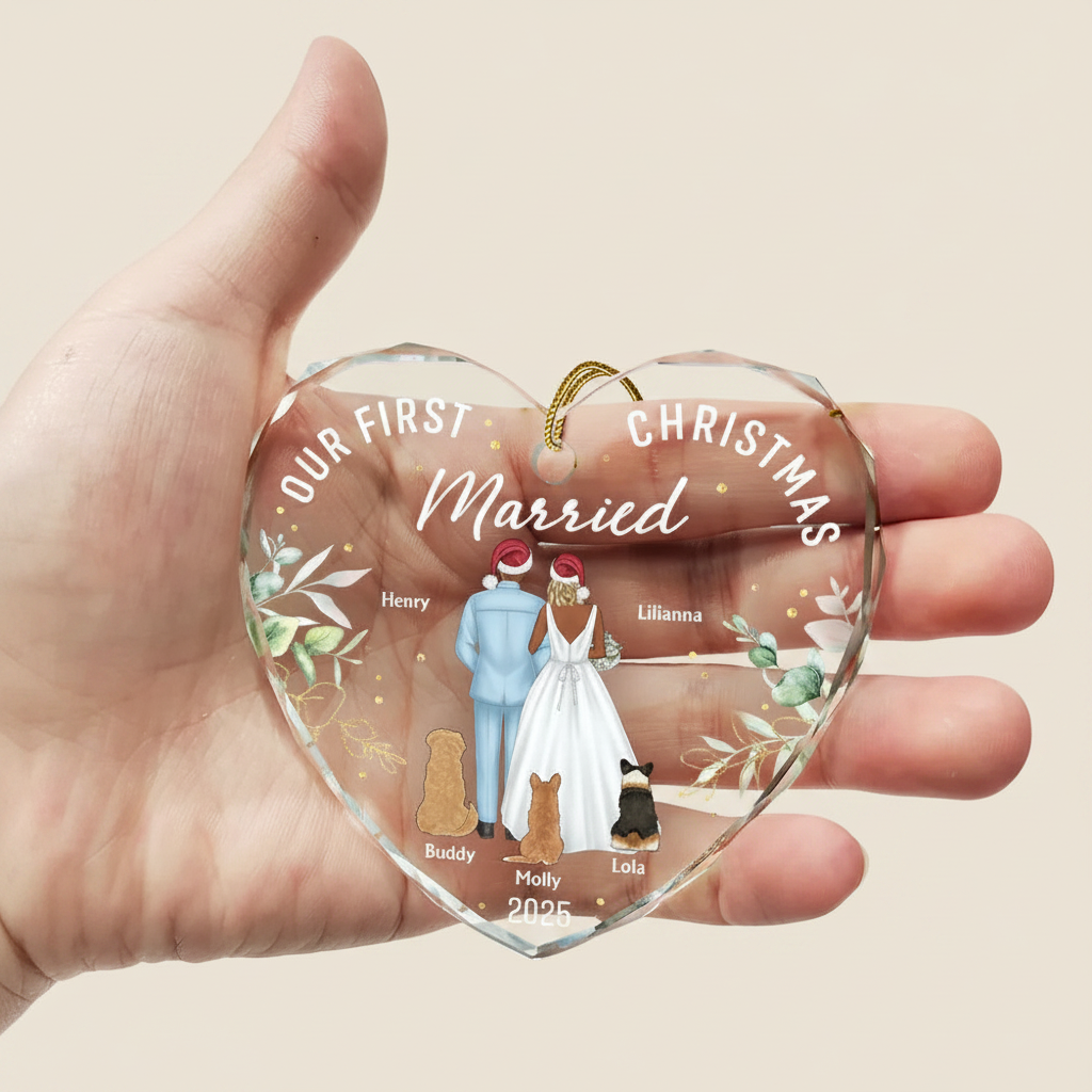 Our First Christmas As Mr & Mrs Wedding Couple Pet - Personalized Heart Shaped Glass Ornament 3USAM