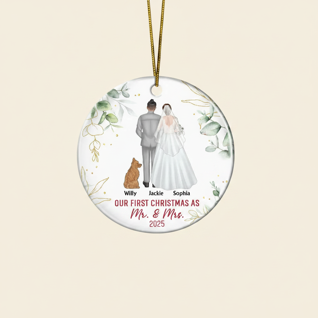 Our First Christmas As Mr & Mrs Wedding Couple Pet - Personalized Circle Ceramic Ornament IDPP8