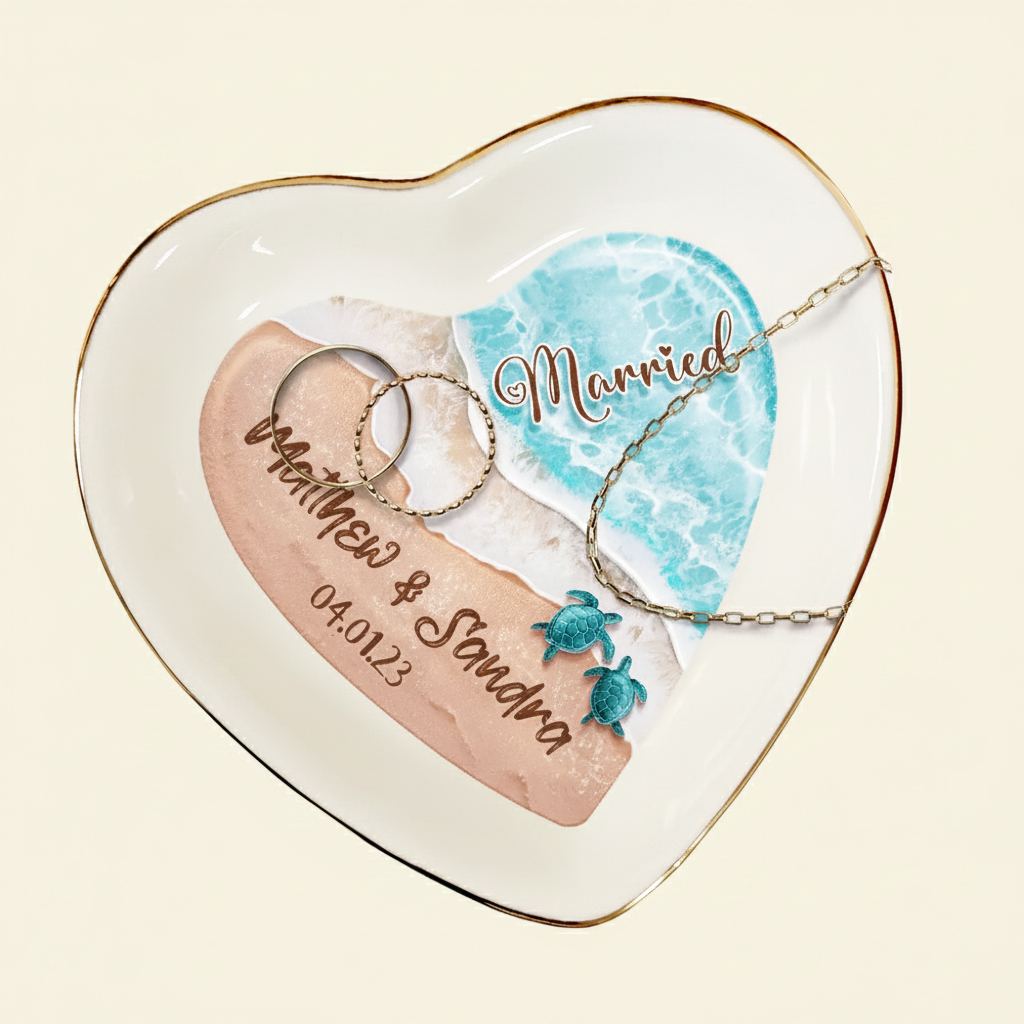 Married Engaged Couple & The Sea Wedding - Personalized Heart Ring Dish 821KY