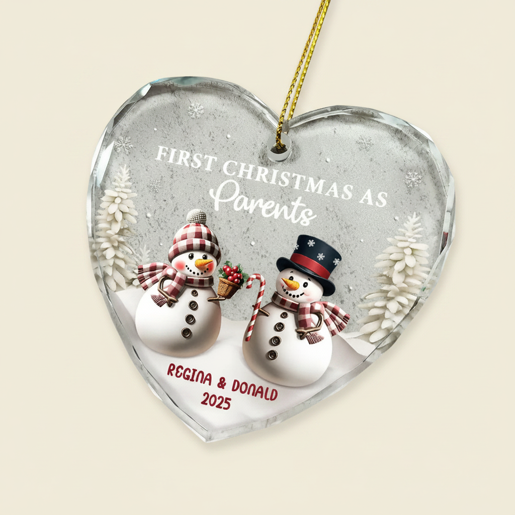 First Christmas As Mr & Mrs Snowman - Personalized Heart Shaped Glass Ornament YI3VI