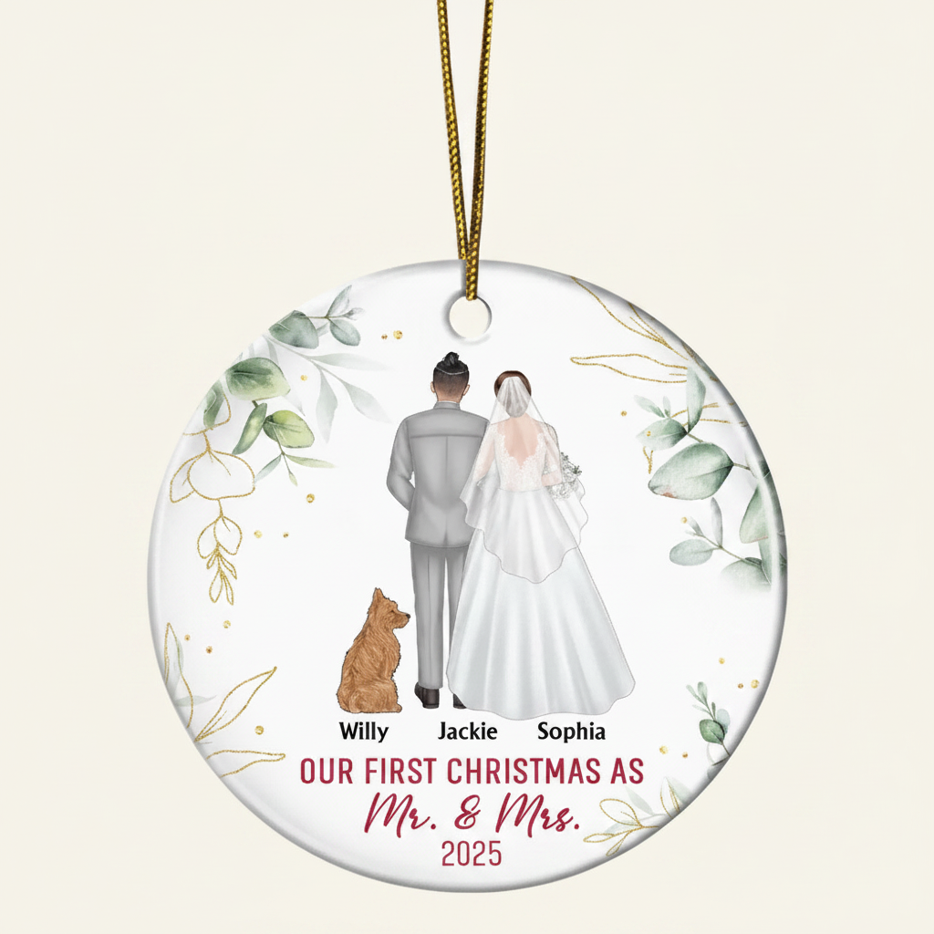 Our First Christmas As Mr & Mrs Wedding Couple Pet - Personalized Circle Ceramic Ornament IDPP8