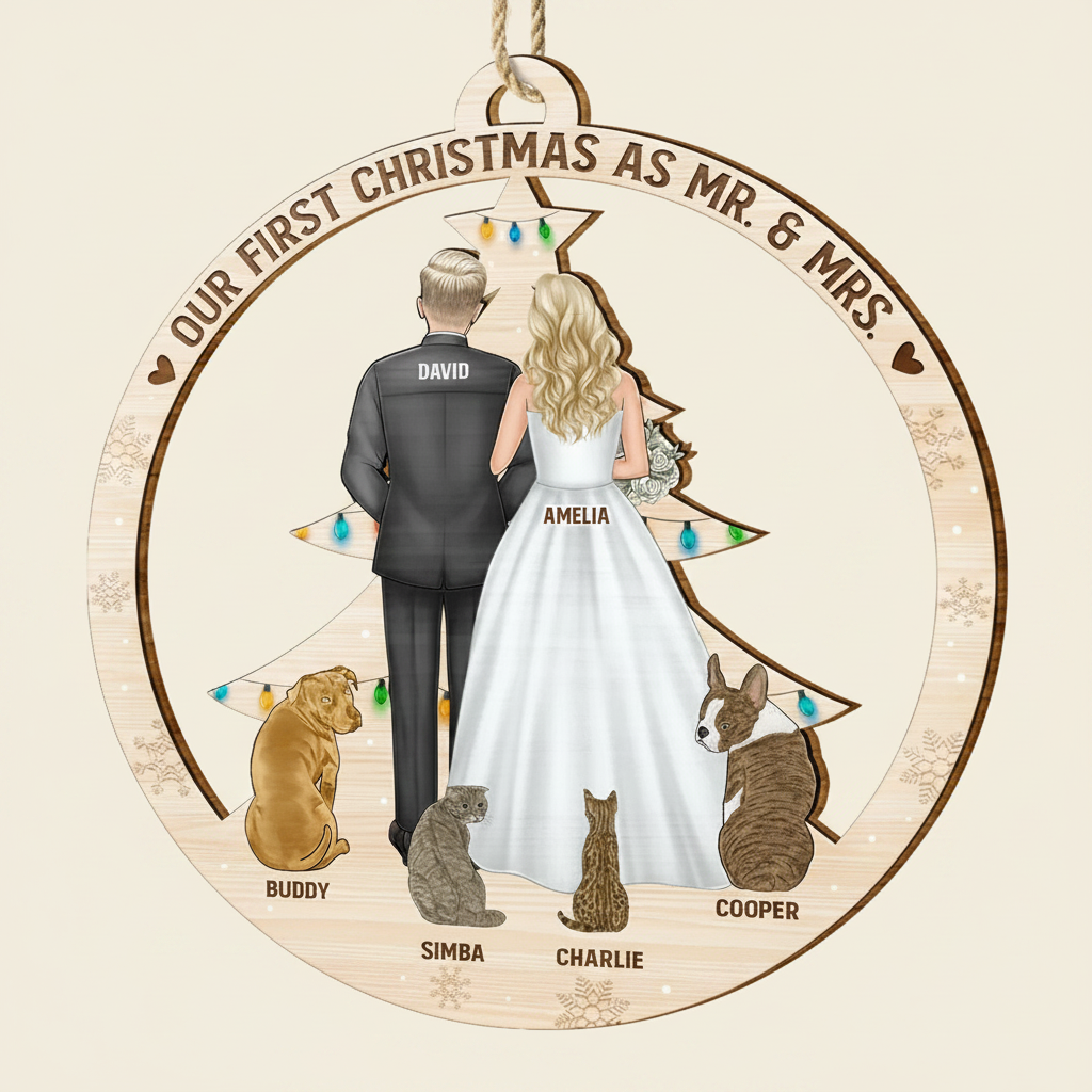 Our First Christmas As Mr & Mrs Wedding Couple And Pet - Personalized Custom Shaped Wooden Ornament APSBB
