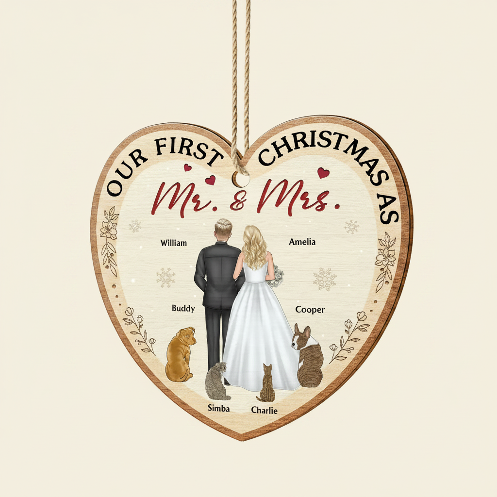 Our First Christmas As Mr & Mrs Wedding Couple Pet - Personalized Custom Shaped Wooden Ornament BCWEG