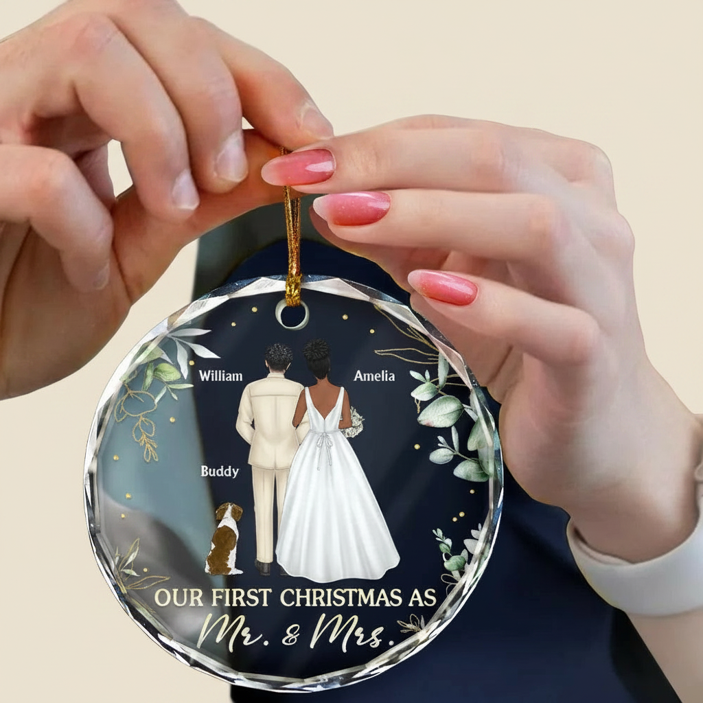 Our First Christmas As Mr & Mrs Wedding Couple Pet - Personalized Circle Glass Ornament N5W8J