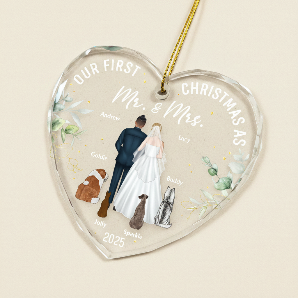 Our First Christmas As Mr & Mrs Wedding Couple Pet - Personalized Heart Shaped Glass Ornament 3USAM