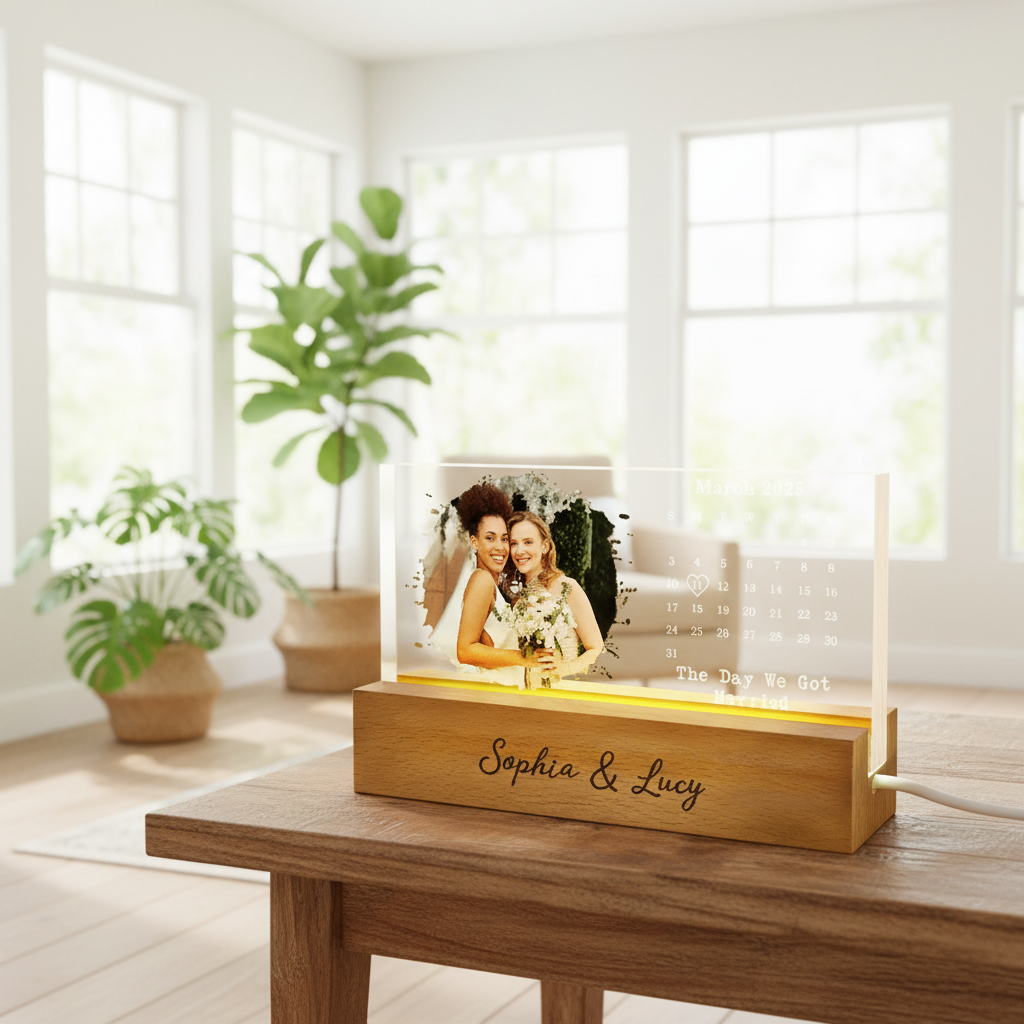 Custom Photo Calendar The Day We Became Mr & Mrs Couple Married Engaged Wedding Gift - Personalized Rectangle LED Light XDL29