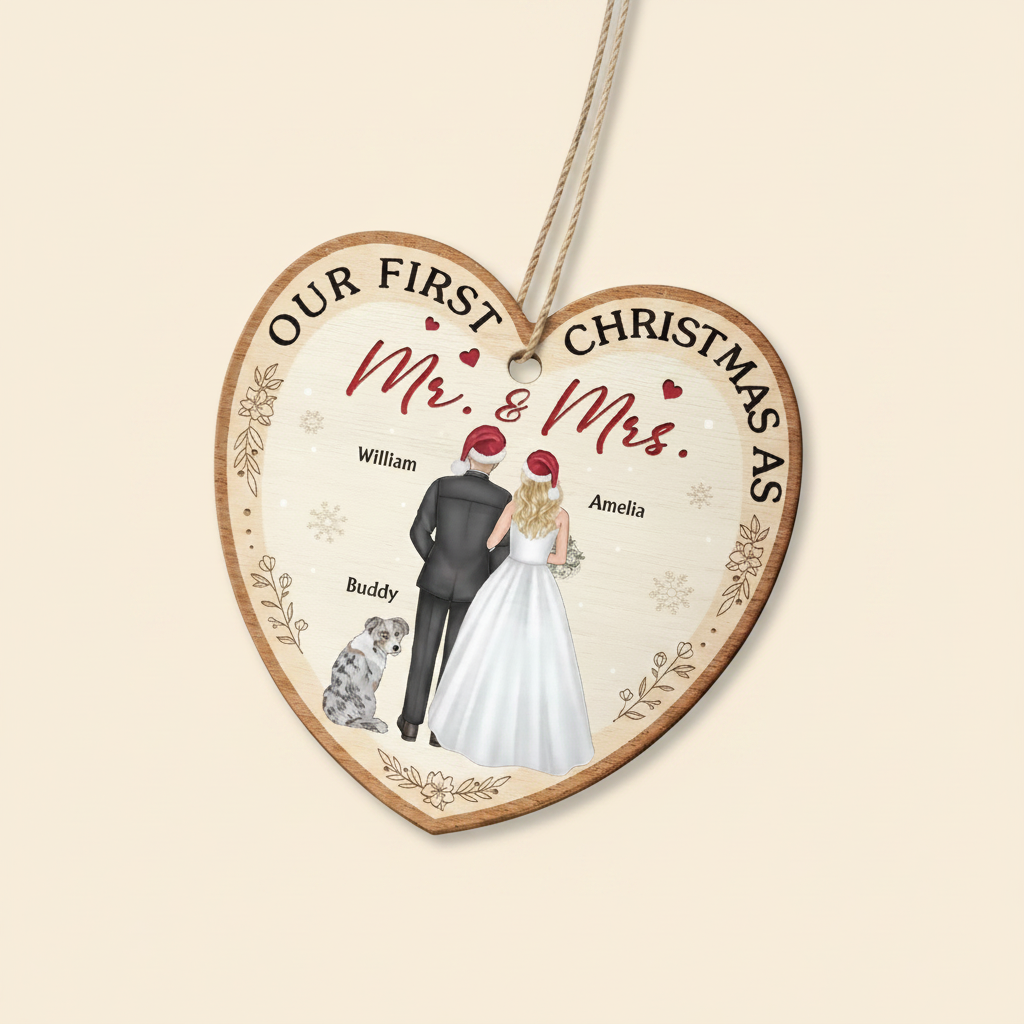 Our First Christmas As Mr & Mrs Wedding Couple Pet - Personalized Custom Shaped Wooden Ornament BCWEG