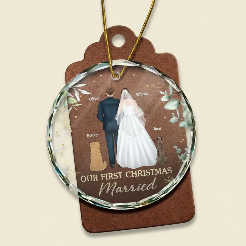 Our First Christmas As Mr & Mrs Wedding Couple Pet - Personalized Circle Glass Ornament N5W8J