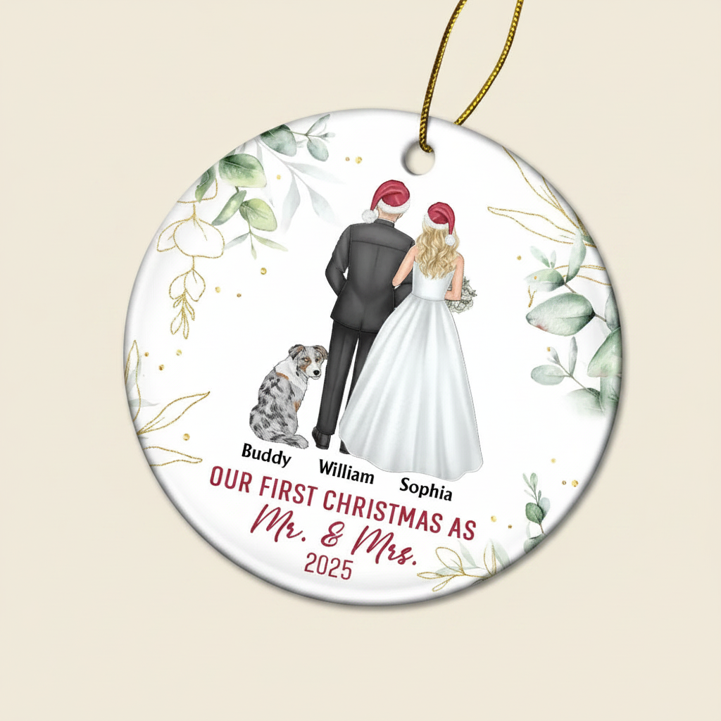Our First Christmas As Mr & Mrs Wedding Couple Pet - Personalized Circle Ceramic Ornament IDPP8