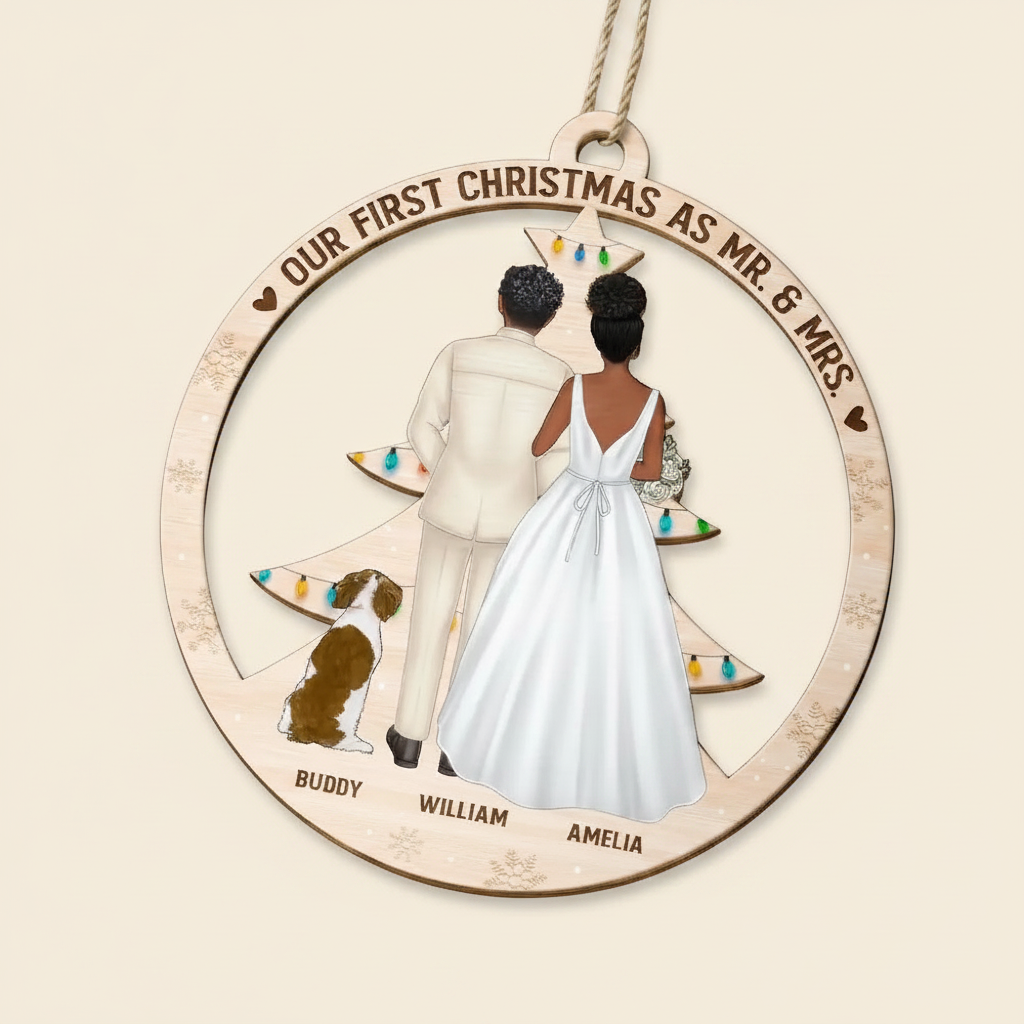 Our First Christmas As Mr & Mrs Wedding Couple And Pet - Personalized Custom Shaped Wooden Ornament APSBB