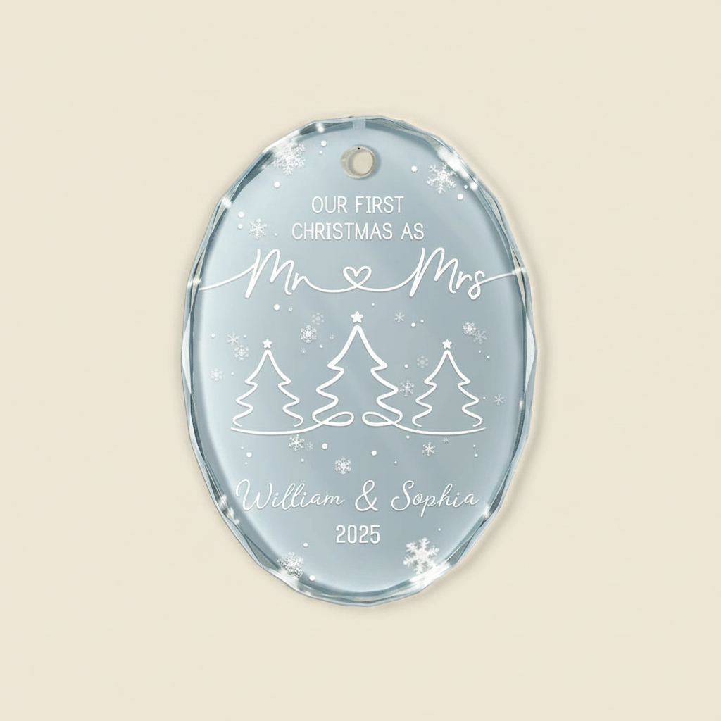 First Christmas As Mr & Mrs Pine Tree - Personalized Oval Glass Ornament 018MZ