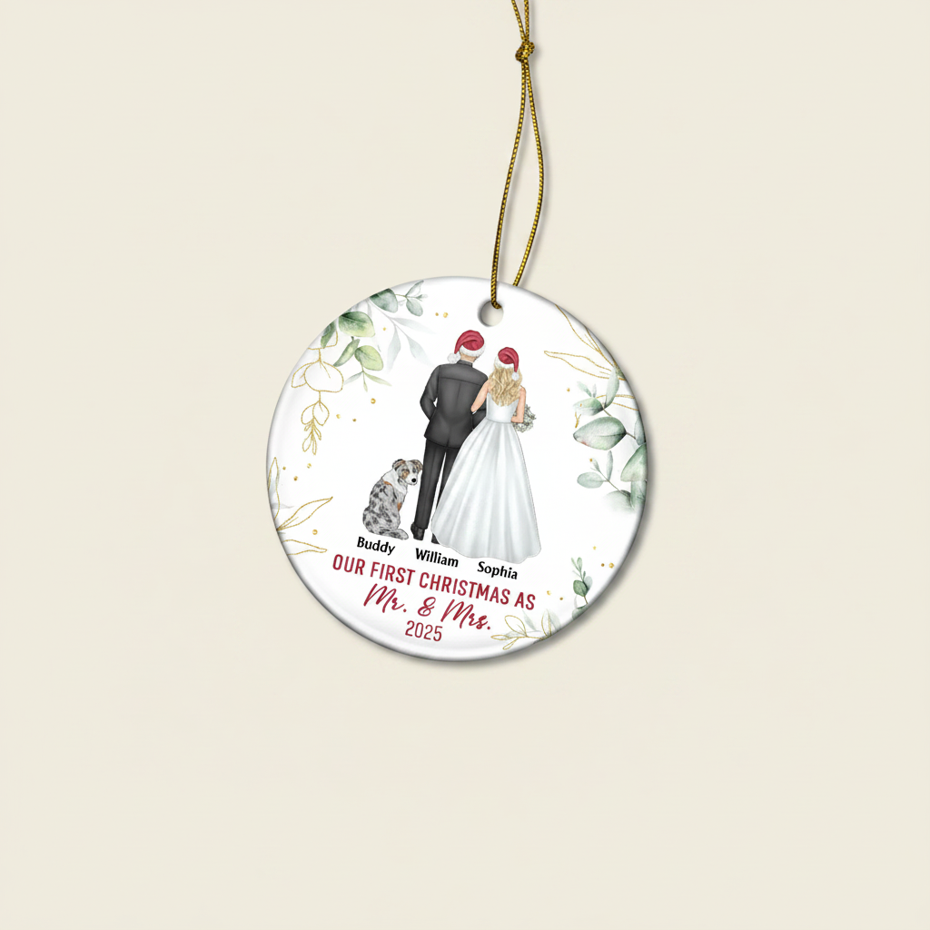 Our First Christmas As Mr & Mrs Wedding Couple Pet - Personalized Circle Ceramic Ornament IDPP8
